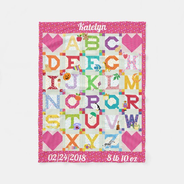 Personalized Baby Girl Alphabet Quilt Design Fleece Blanket (Front)