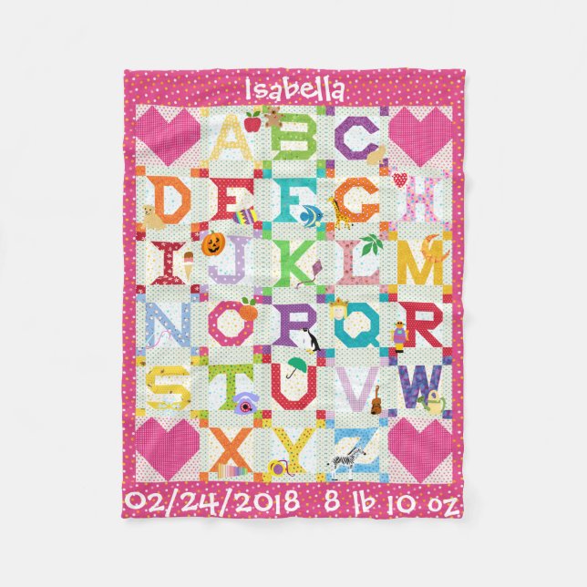 Personalized Baby Girl Alphabet Quilt Design Fleece Blanket (Front)