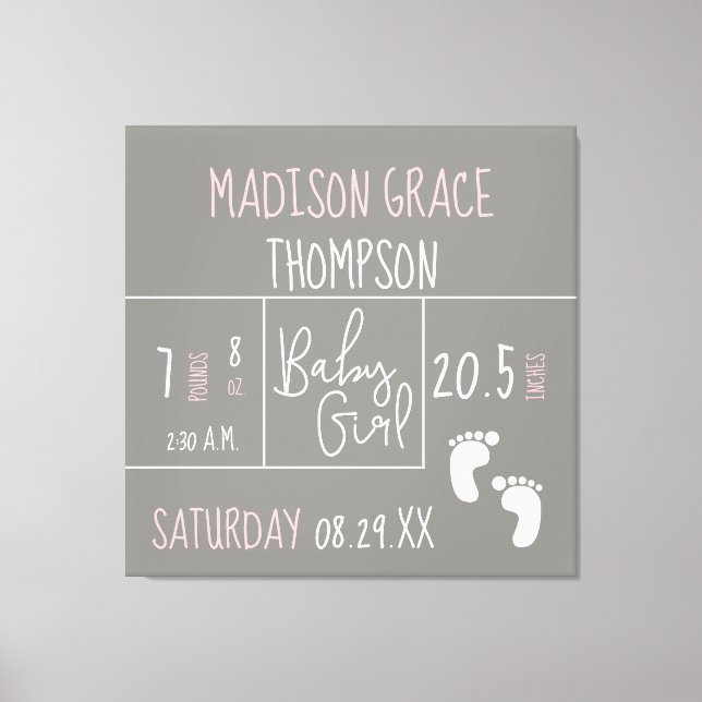 Personalized, Baby Girl Announcement Grey, Pink Canvas Print (Front)