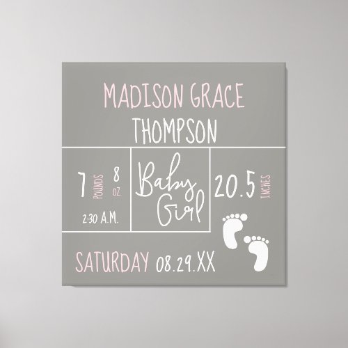 Personalized Baby Girl Announcement Grey Pink Canvas Print