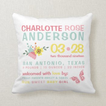 Personalized Baby Girl Birth Floral Butterfly Throw Pillow by kersteegirl at Zazzle
