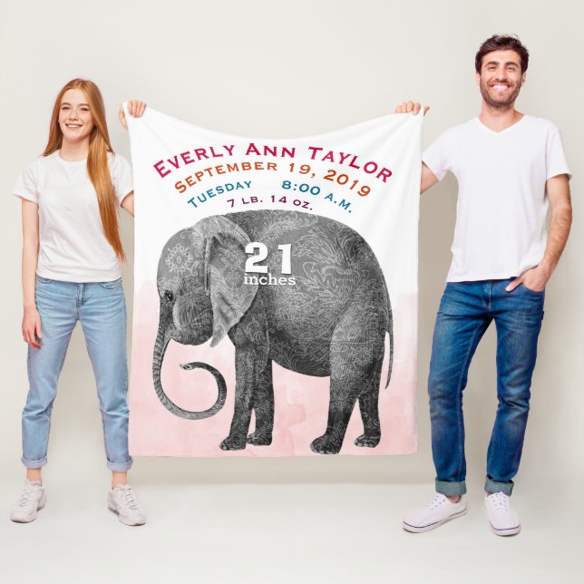 Personalized Baby Girl Birth Record Stats Elephant Fleece Blanket (In Situ)