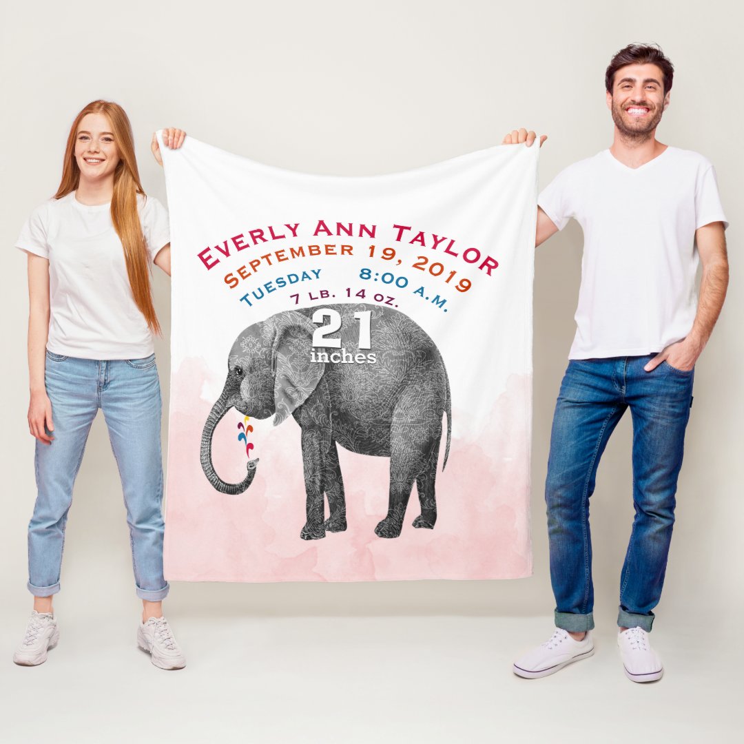 Personalized Baby Girl Birth Record Stats Elephant Fleece Blanket Zazzle