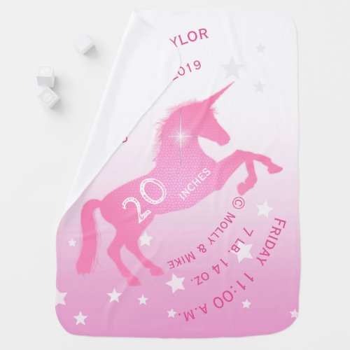 Personalized Baby Girl Birth Record Stats Unicorn Baby Blanket