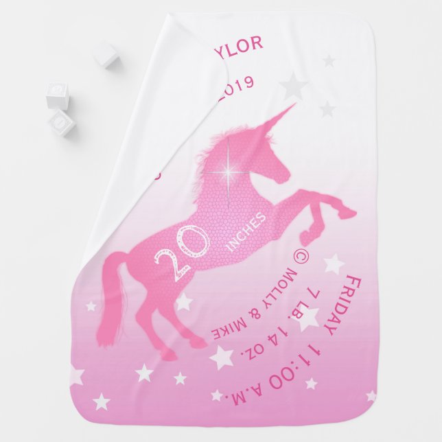 Personalized Baby Girl Birth Record Stats Unicorn Baby Blanket (In Situ)