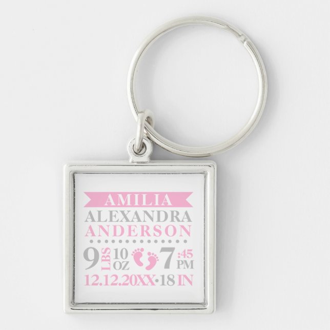 Personalized Baby Girl Birth Stats Pink Grey Keychain (Front)