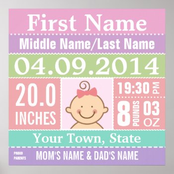 Personalized Baby Girl Birth Stats Poster by giftcy at Zazzle