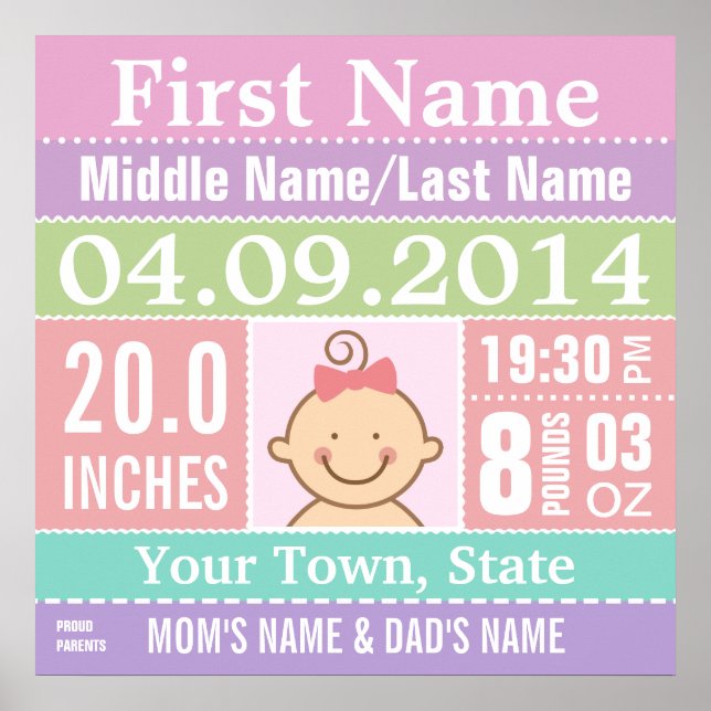 Personalized Baby Girl Birth Stats Poster (Front)