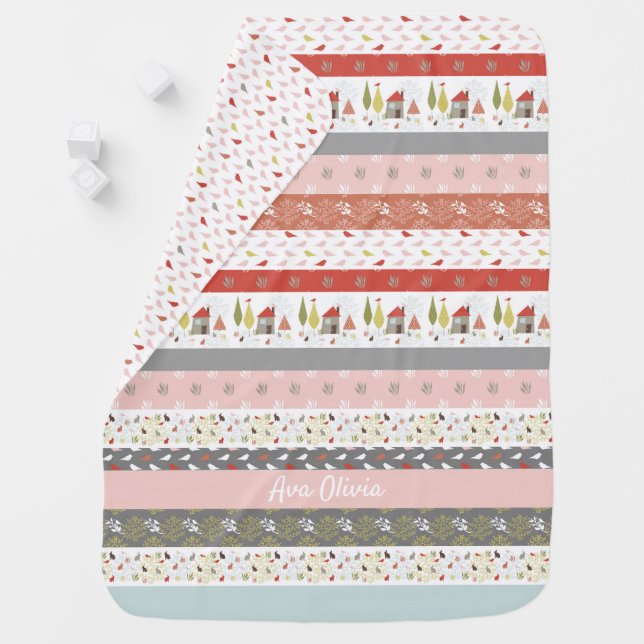 Personalized baby girl blanket Woodland Rose pink (In Situ)