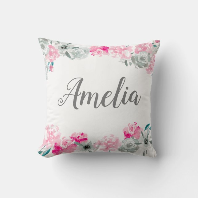 Personalized baby girl | Boho Watercolor flowers Throw Pillow (Front)