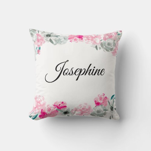 Personalized baby girl  Boho Watercolor flowers Throw Pillow