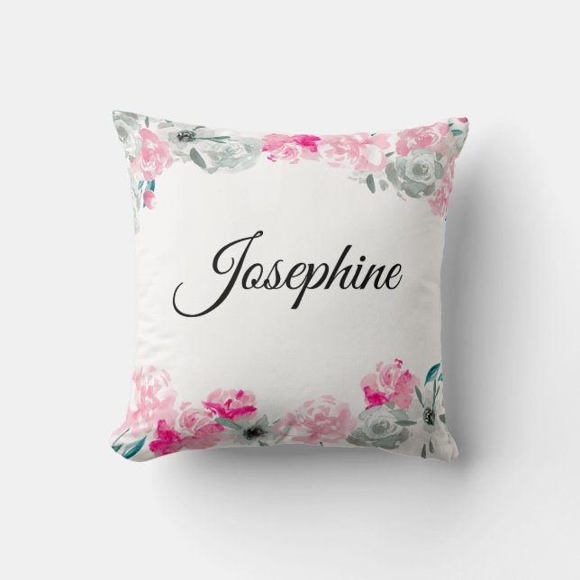 Personalized baby girl | Boho Watercolor flowers Throw Pillow (Front)