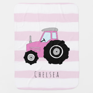 Personalized Baby Girl Doodle Tractor Farmer Name Stroller Blanket