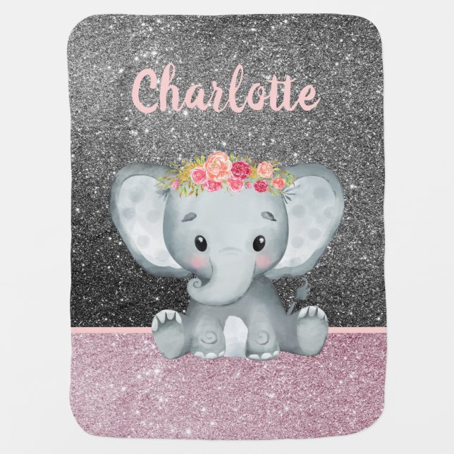 Personalized Baby Girl Elephant Cute Baby Shower Blanket (Front)