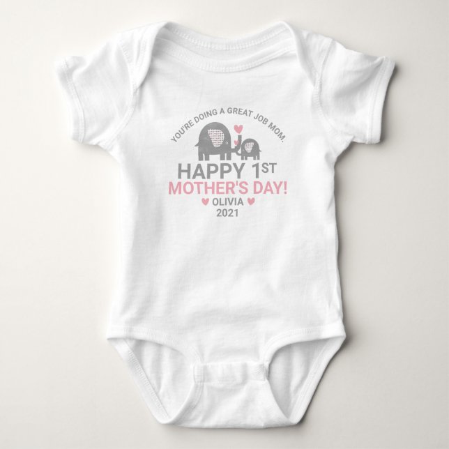 Personalized Baby Girl First Mother's Day Elephant Baby Bodysuit (Front)