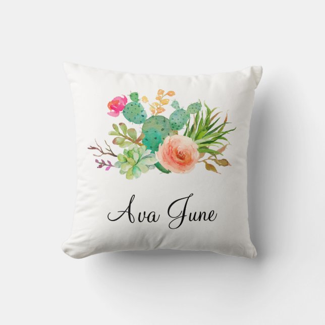 Personalized Baby Girl Gift, Cactus Name Throw Pillow (Front)