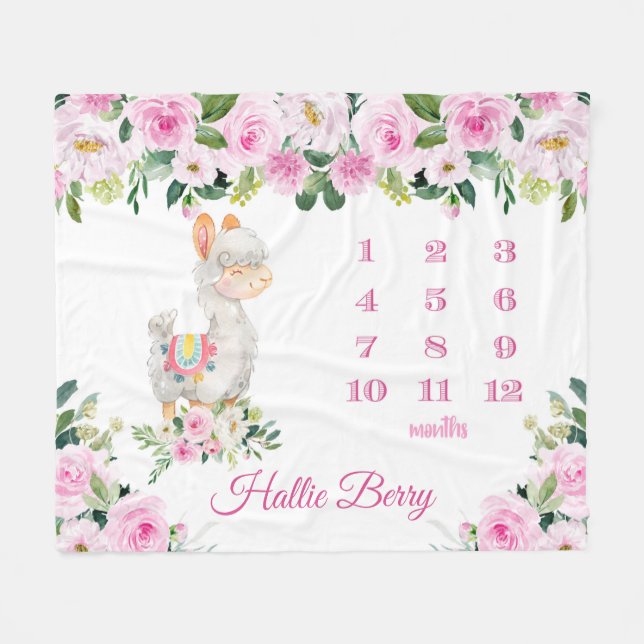 Personalized Baby Girl Llama Milestone Name Fleece Blanket (Front (Horizontal))