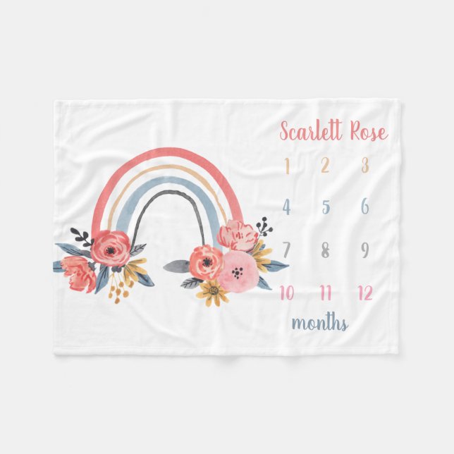 Personalized Baby Girl Milestone Floral Rainbow Fleece Blanket (Front (Horizontal))