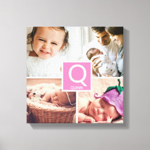 Personalized baby girl monogram photo collage canvas print