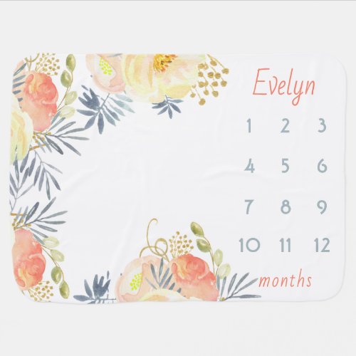 Personalized Baby Girl Name Peach Floral Milestone Baby Blanket