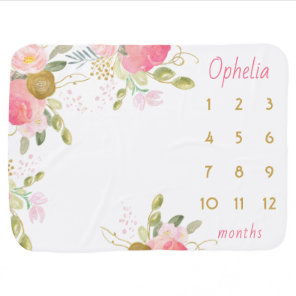 Personalized Baby Girl Name Pink Floral Milestone Blanket