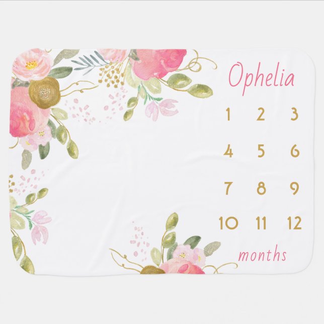 Personalized Baby Girl Name Pink Floral Milestone Blanket (Horizontal)