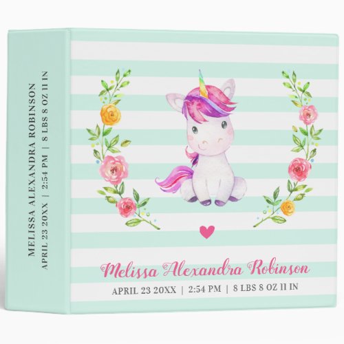 Personalized Baby Girl Newborn Unicorn Gift Album 3 Ring Binder