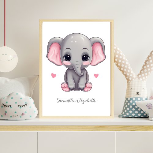 Personalized Baby Girl Nursery Pink Gray Elephant  Poster