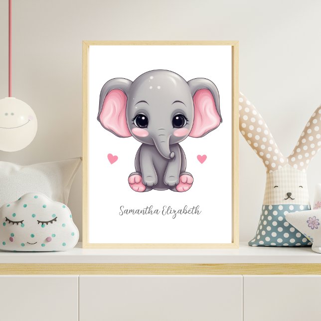 Personalized Baby Girl Nursery Pink Gray Elephant  Poster (Personalized Pink elephant Nursery wall Art poster.  Baby Shower gift for baby girl. Add her name)
