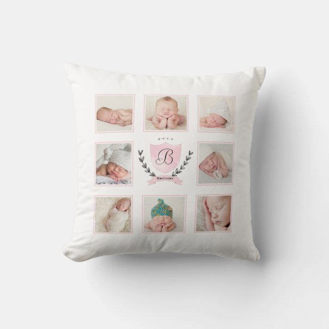 PERSONALIZED BABY GIRL PHOTO COLLAGE WITH WREATH THROW PILLOW (Front)