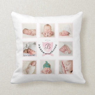 PERSONALIZED BABY GIRL PHOTO COLLAGE WITH WREATH THROW PILLOW