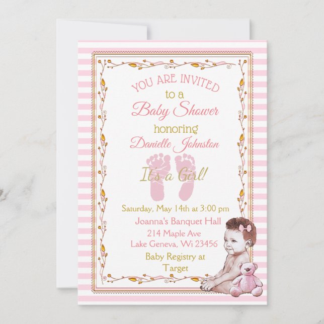 Personalized Baby Girl  Pink and Gold Baby Shower Invitation (Front)