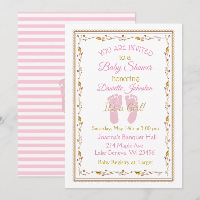 Personalized Baby Girl  Pink and Gold Baby Shower Invitation (Front/Back)