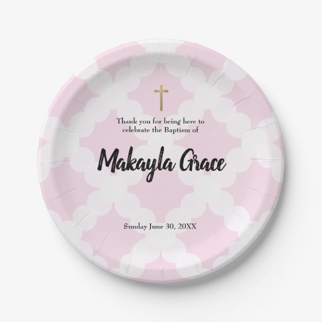 Personalized Baby Girl Pink Baptism gold cross Paper Plates (Front)
