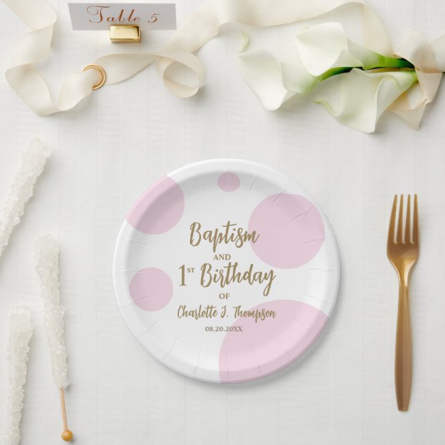 Personalized Baby Girl Pink Baptism & gold Custom Paper Plates (Wedding)