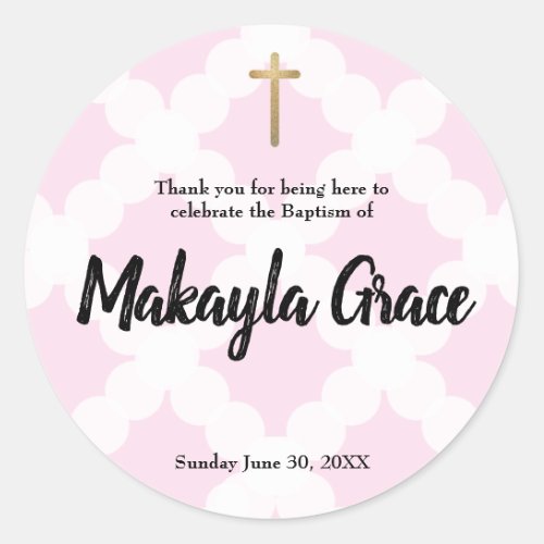 Personalized baby girl pink baptism thank you classic round sticker