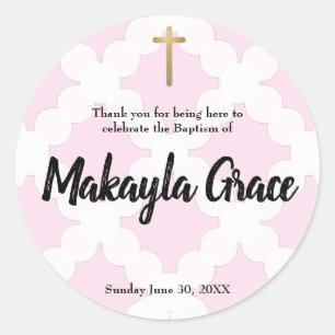 Personalized baby girl pink baptism thank you classic round sticker