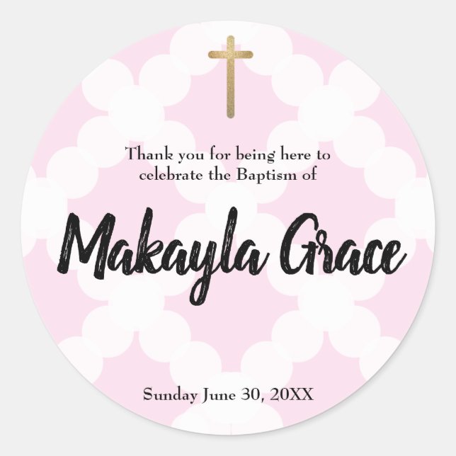 Personalized baby girl pink baptism thank you classic round sticker (Front)