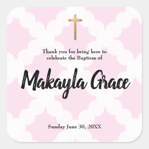 Personalized baby girl pink baptism thank you square sticker