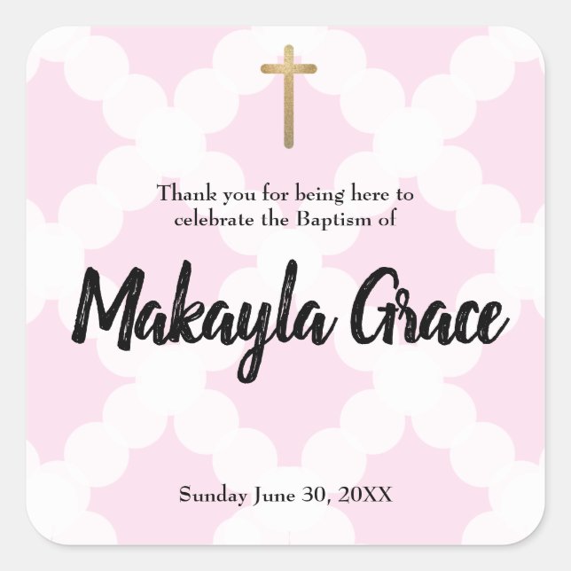 Personalized baby girl pink baptism thank you square sticker (Front)