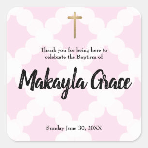 Personalized baby girl pink baptism thank you square sticker