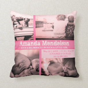 Personalized baby girl pink birth stat Cushion