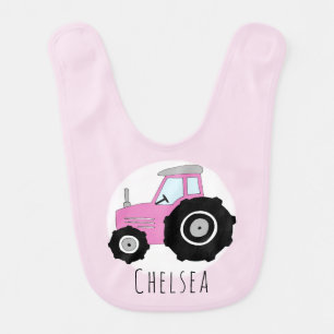 Personalized Baby Girl Pink Farm Tractor with Name Bib