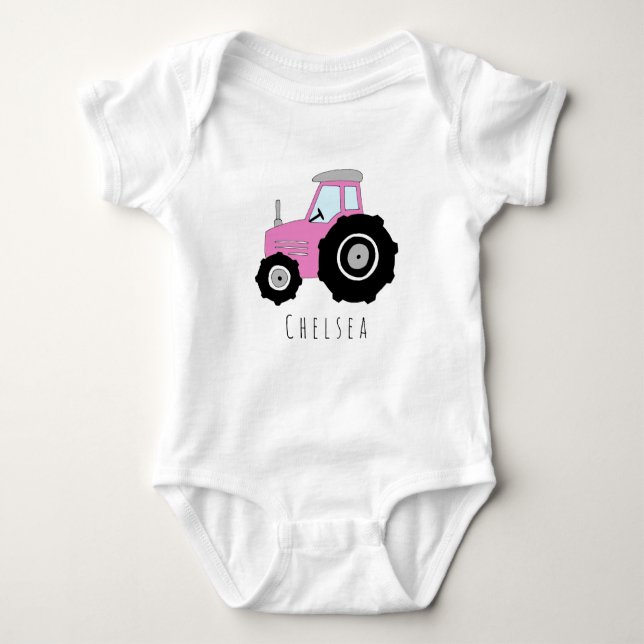 Personalized Baby Girl Pink Farm Tractor with Name Bodysuit (Front)