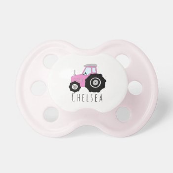 Personalized Baby Girl Pink Farm Tractor With Name Pacifier by Simply_Baby at Zazzle