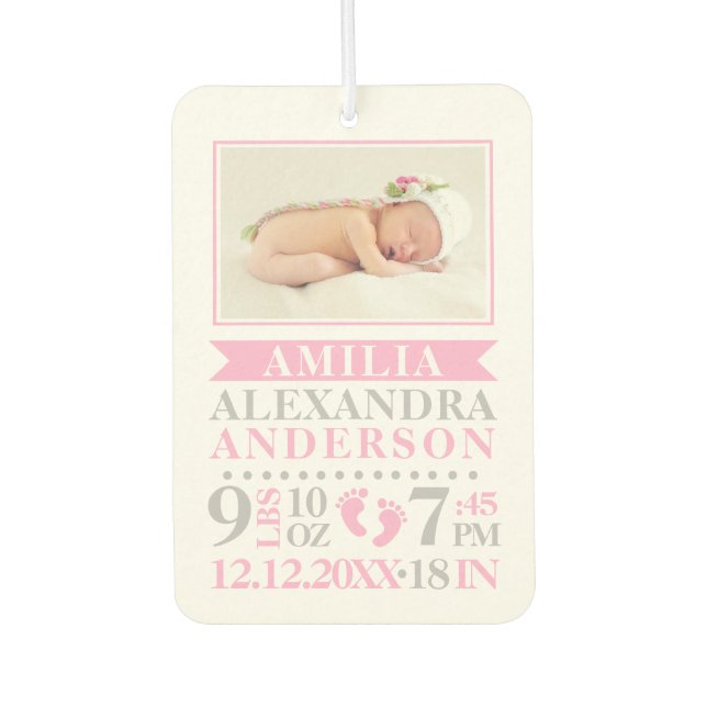 Personalized Baby Girl Pink Grey Birth Stats Air Freshener (Front)