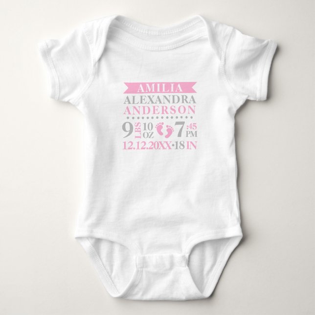 Personalized Baby Girl Pink Grey Birth Stats Baby Bodysuit (Front)