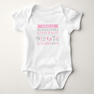 Personalized Baby Girl Pink Grey Birth Stats Bodysuit