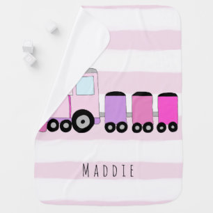 Personalized Baby Girl Pink Train with Name Swaddle Blanket