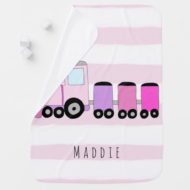 Personalized Baby Girl Pink Train with Name Swaddle Blanket (In Situ)